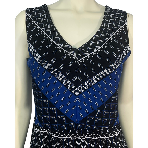 T Tahari Sz S Summer Tank Midi Dress Tiered Skirt Sheer Overlay Blue Scarf Print - Picture 4 of 10